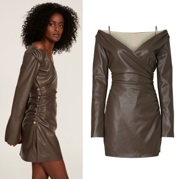 Nanushka Surplice Cold Shoulder Brown Faux‎ Leather Mini Dress Size Medium - Picture 6 of 11